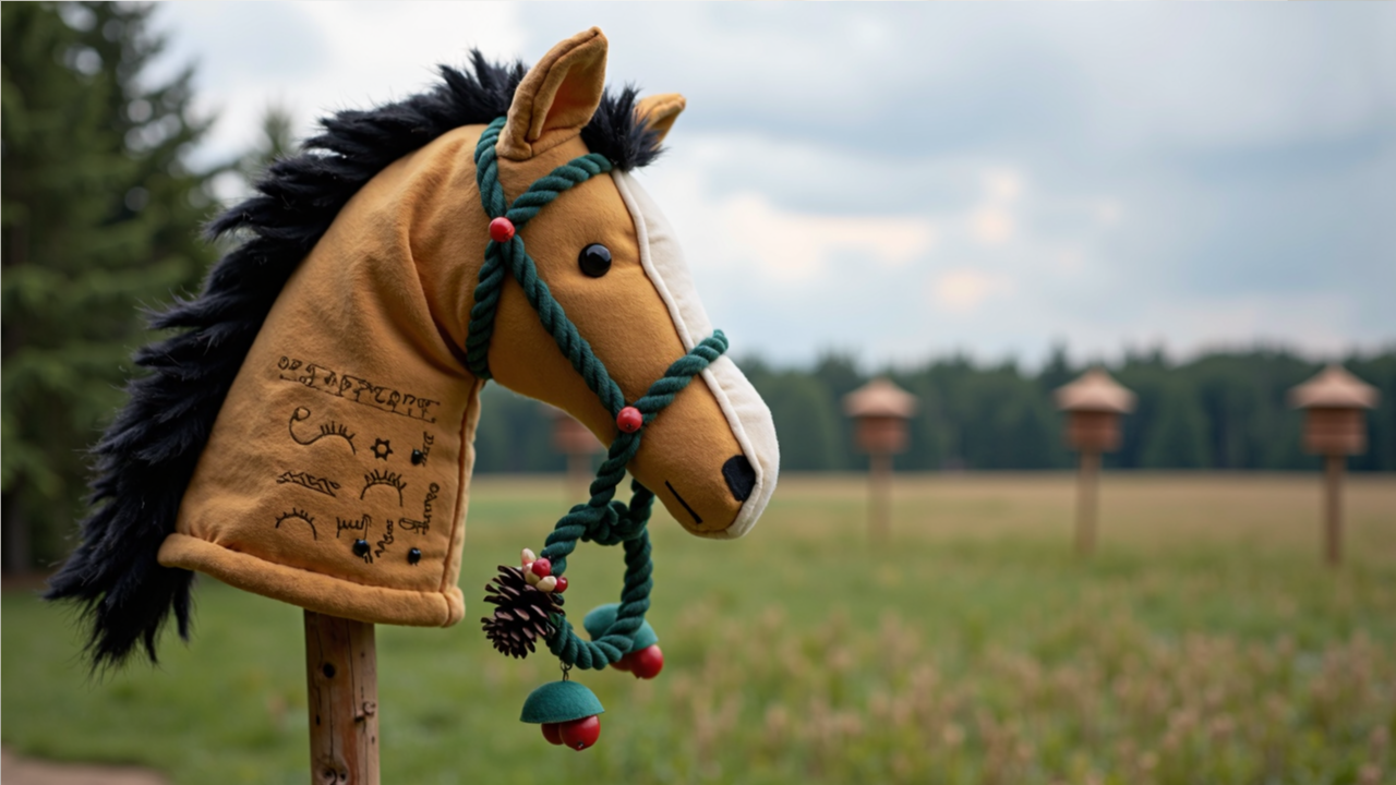 Hobby horse decorated with Finnish folklore symbols