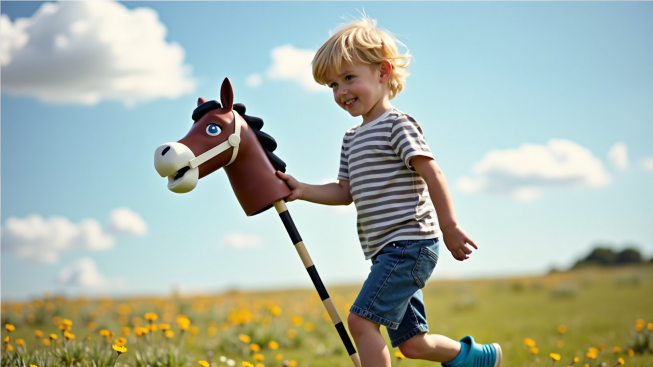 Hobby horse obstacle course practice with cones and jumps.