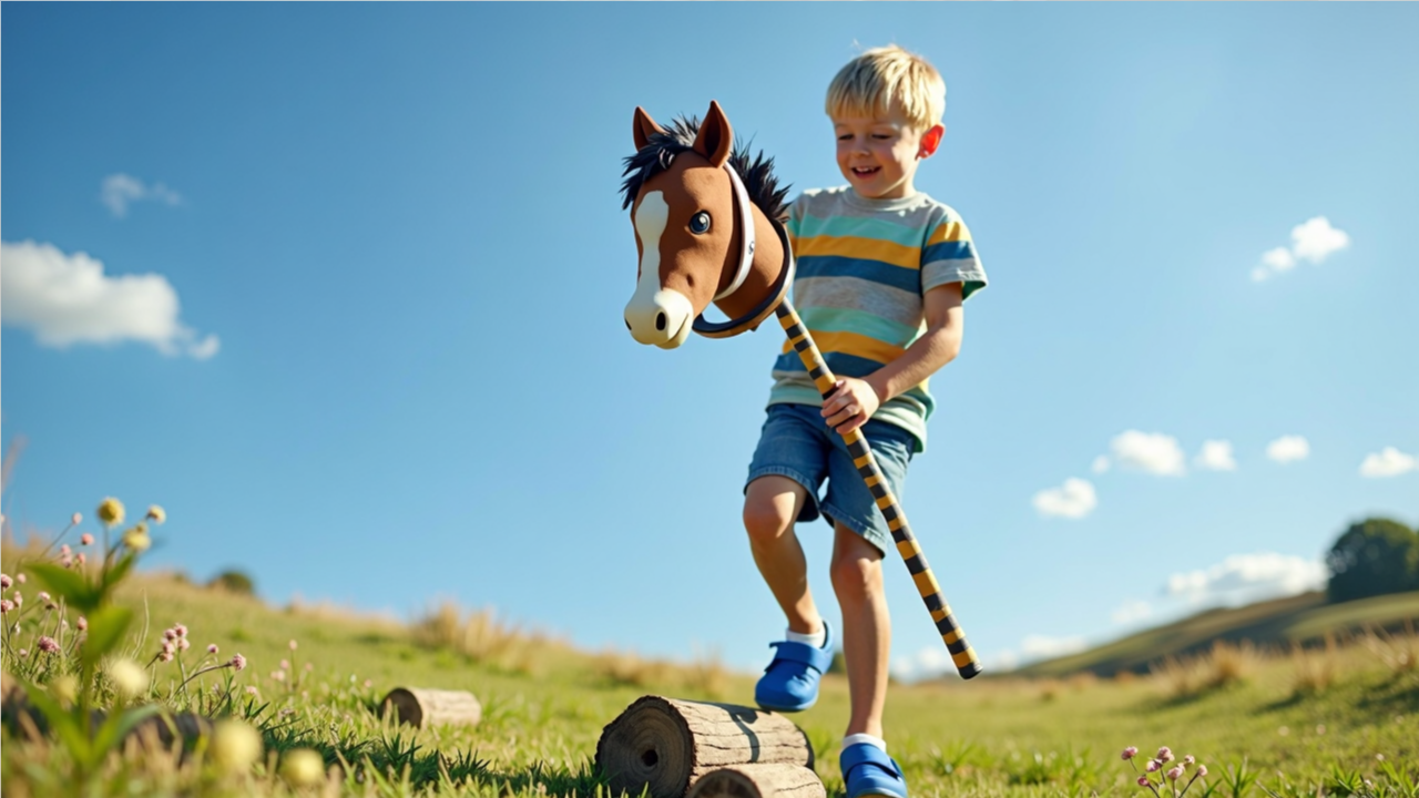 Hobby horse rider leaping over a jump with confidence.