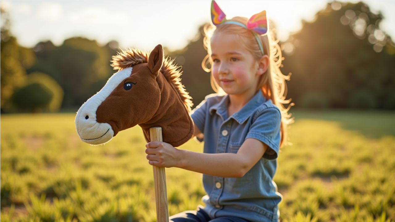 Young girl practicing hobby horsing basics in a field.